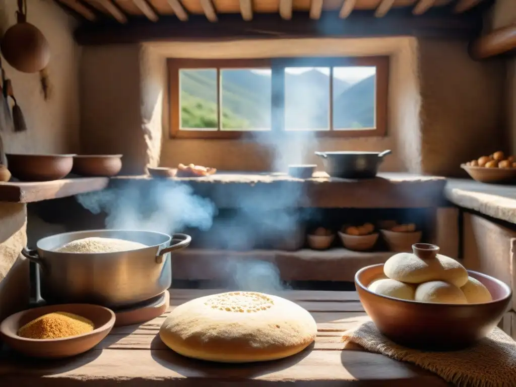 Un artesano preparando Pan de los Andes en una cocina tradicional, iluminada por luz natural