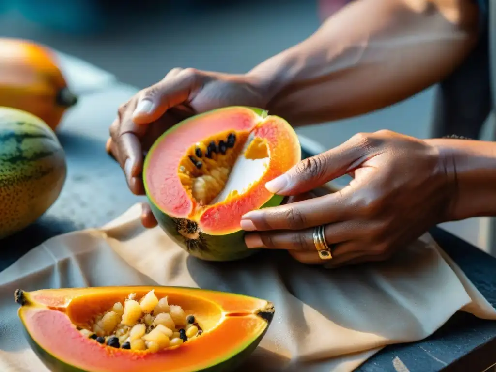 Un artesano pelando una papaya madura para preparar receta refresco papaya arequipeña casero, mostrando contraste entre colores y texturas