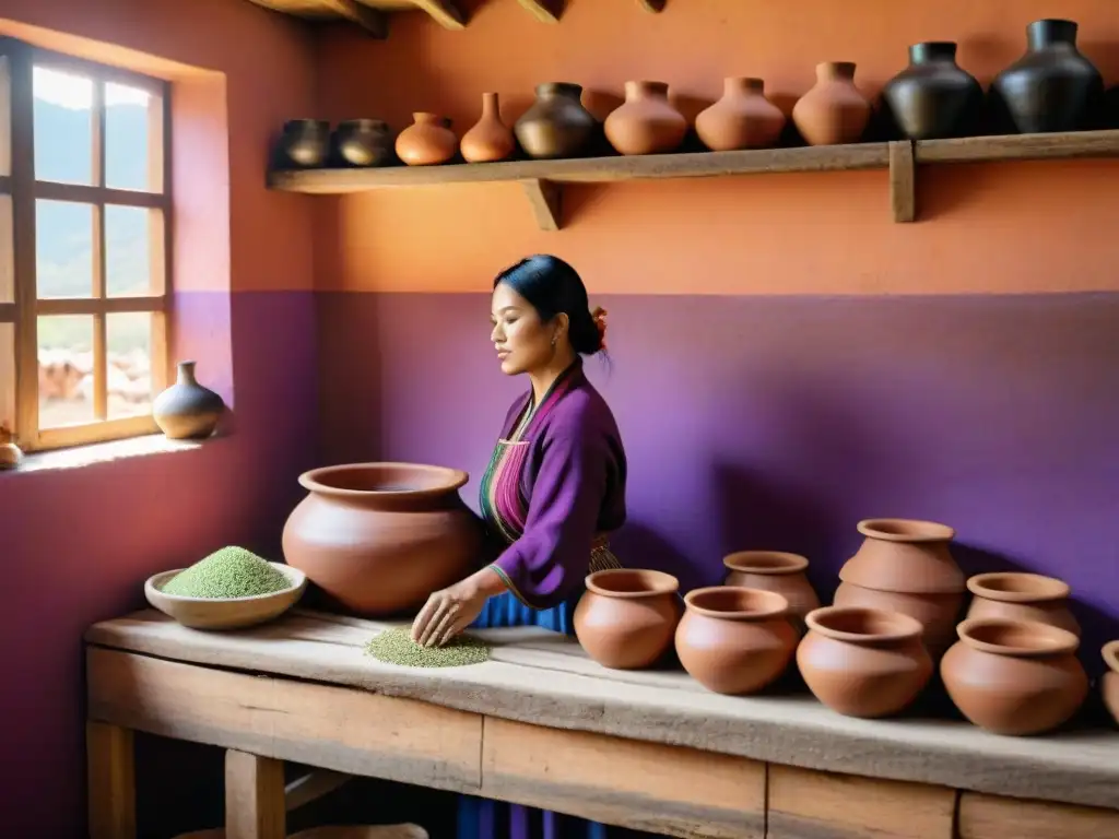 Un artesano peruano cuida con esmero la fermentación de alimentos en Perú en coloridas ollas de barro en una cocina rústica