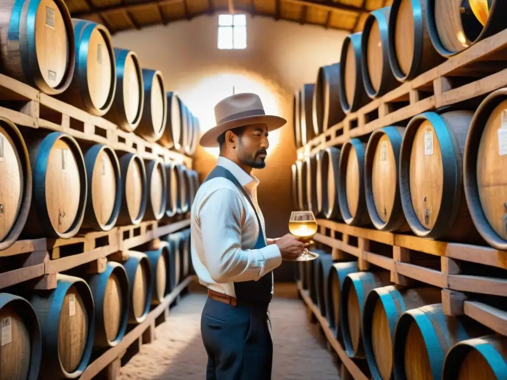 Un artesano peruano inspecciona barricas de pisco en bodega rústica