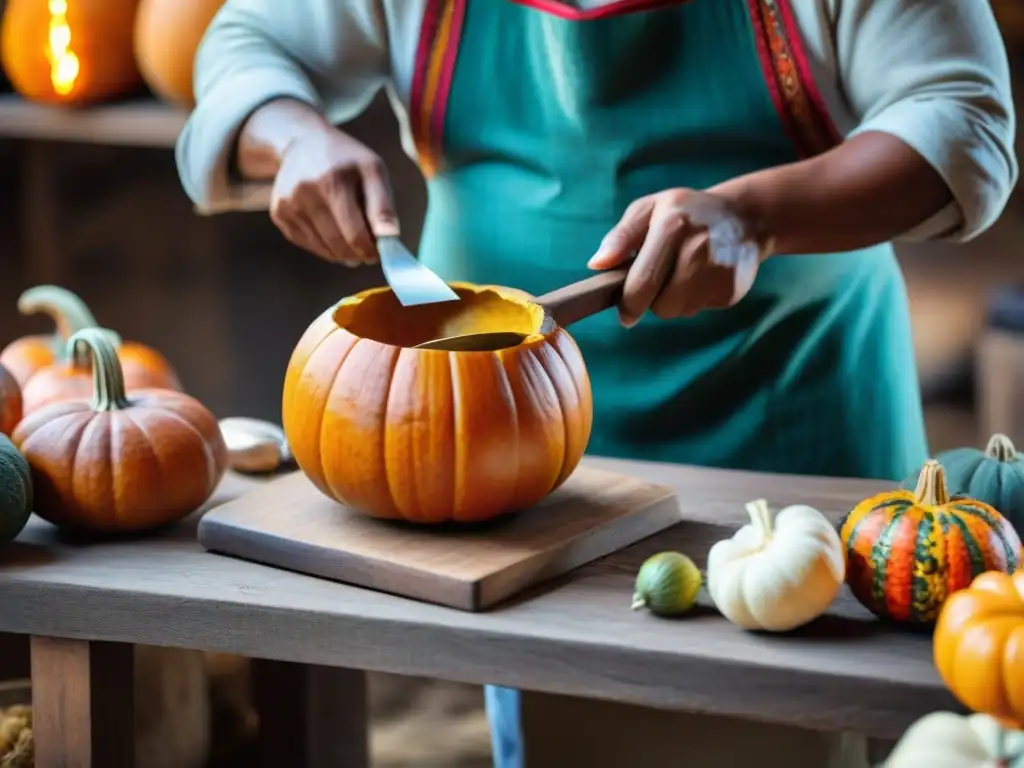 Un artesano peruano tallando un cucharón de calabaza, destacando detalles y tradición