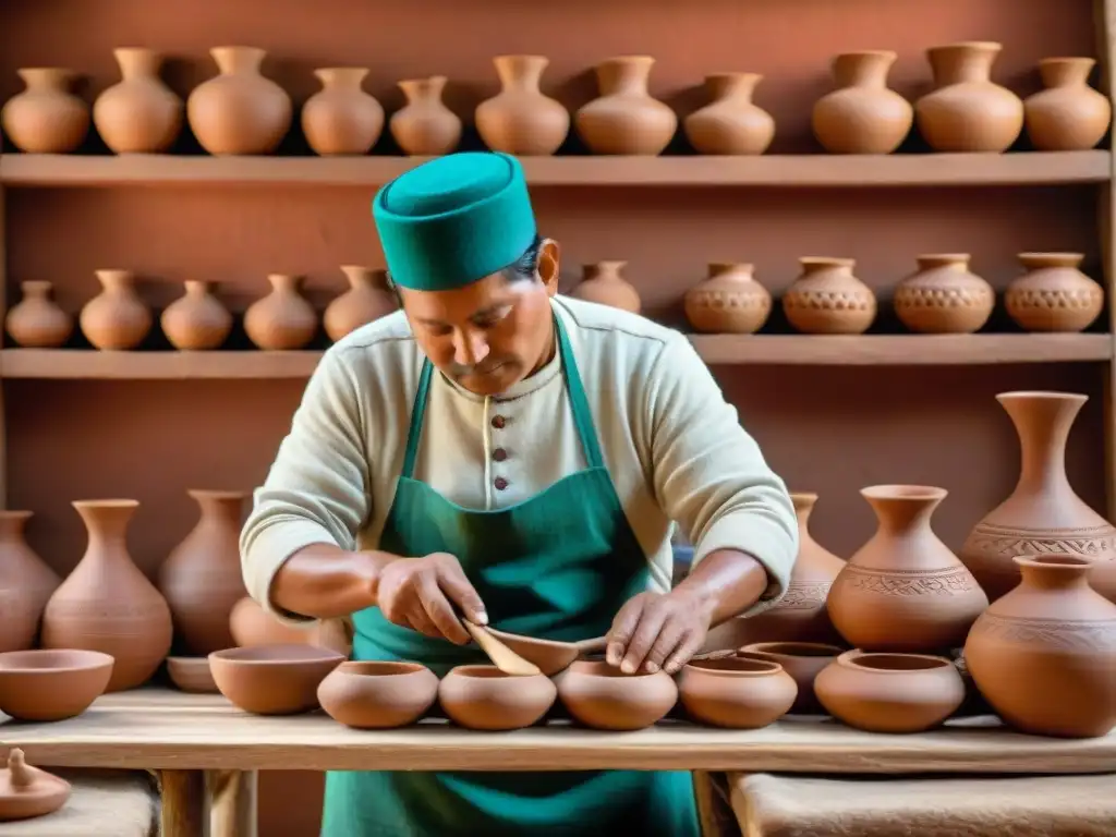 Artesano peruano creando un cántaro tradicional, resaltando el significado histórico del cántaro en la tradición culinaria peruana