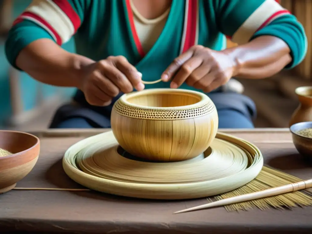 Un artesano peruano teje un colador de bambú para bebidas andinas en un taller rústico