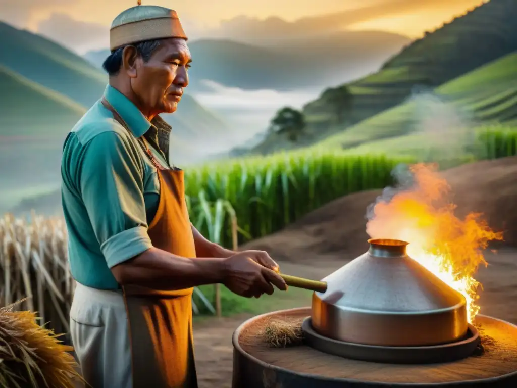 Un artesano peruano cuidando con destreza los alambiques de cobre en la elaboración cañazo tradicional Perú, bajo la luz cálida de las llamas