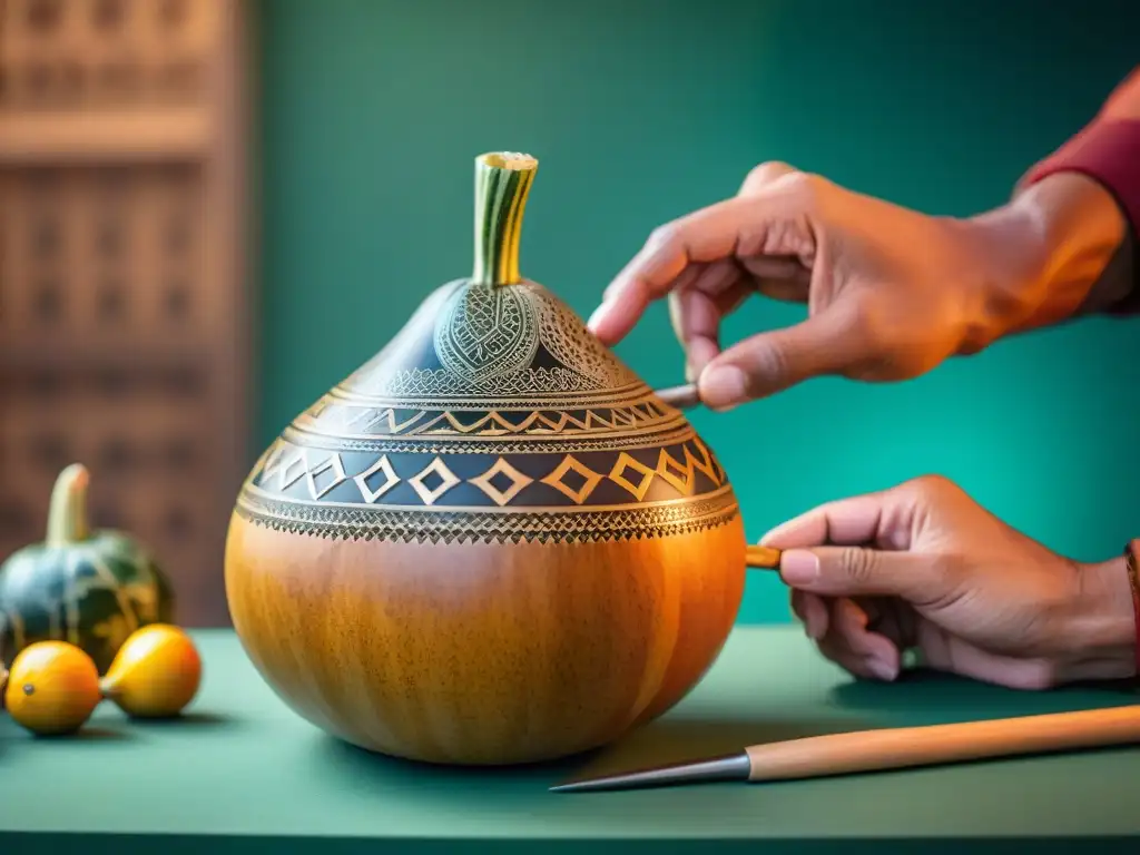 Un artesano peruano tallando con destreza diseños en un mate burilado, destacando la artesanía peruana