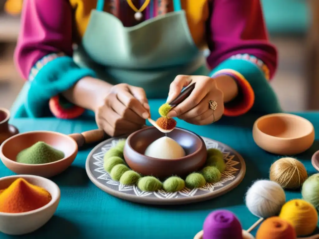 Un artesano peruano crea con destreza una réplica de un plato tradicional, fusionando gastronomía y arte