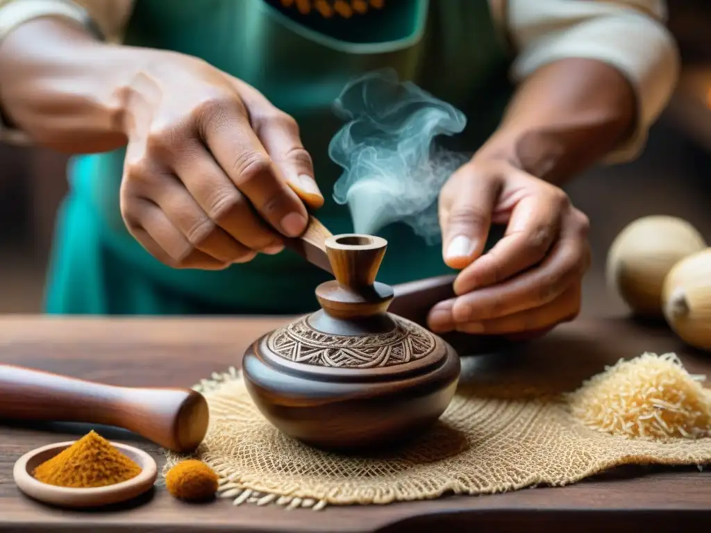 Un artesano peruano esculpe detallados diseños en un molinillo de madera, iluminado por una cálida luz, destacando la tradición gastronómica