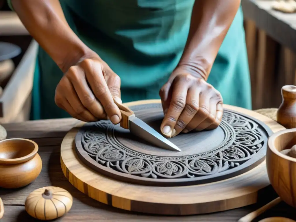 Artesano peruano tallando diseño en utensilio de cocina de madera, reflejando tradición y dedicación