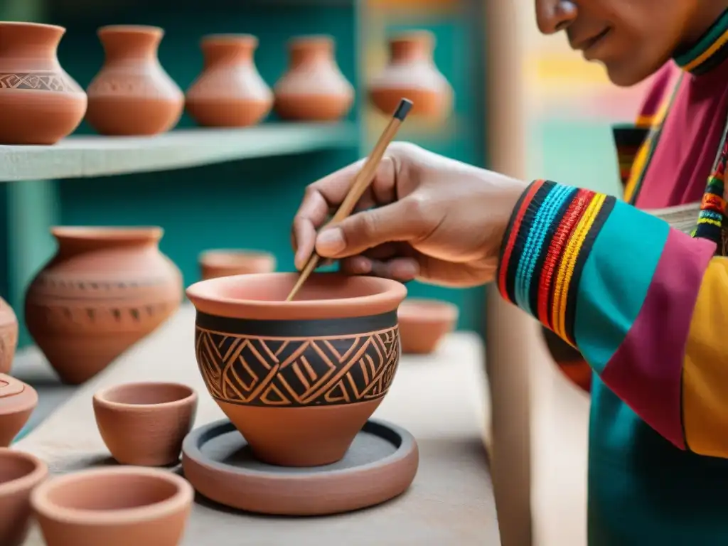 Un artesano peruano pinta diseños tradicionales en un vaso de chicha