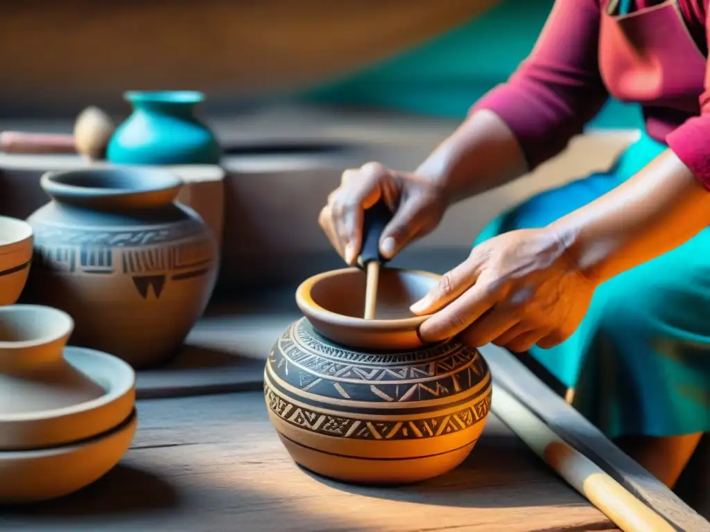 Un artesano peruano tallando diseños en utensilios de cocina artesanales peruanos, rodeado de herramientas tradicionales