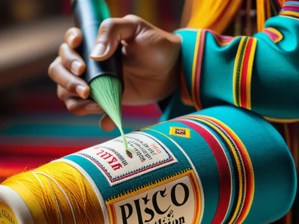 Artesano peruano bordando etiqueta de Pisco con detalle y color