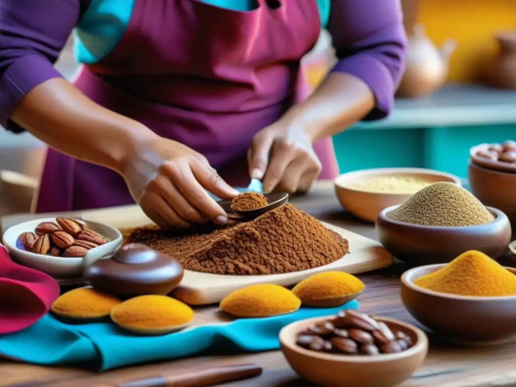 Un artesano peruano experto en chocotejas peruanas dulces tradicionales, creando con amor en una cocina rústica llena de coloridos ingredientes