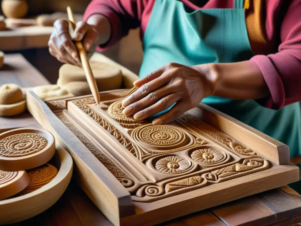 Un artesano peruano experto tallando un molde de madera tradicional para dulces peruanos, resaltando la rica artesanía