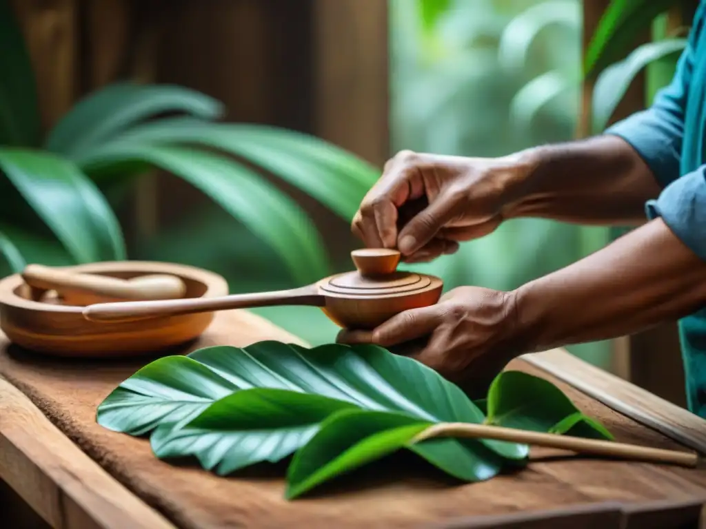 Un artesano peruano experto tallando utensilios de madera sostenibles en un taller rústico, con detalles de la Amazonía