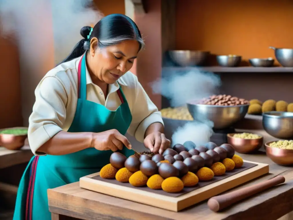 Un artesano peruano habilidoso elaborando chocotejas en una cocina tradicional, rodeado de ingredientes peruanos auténticos