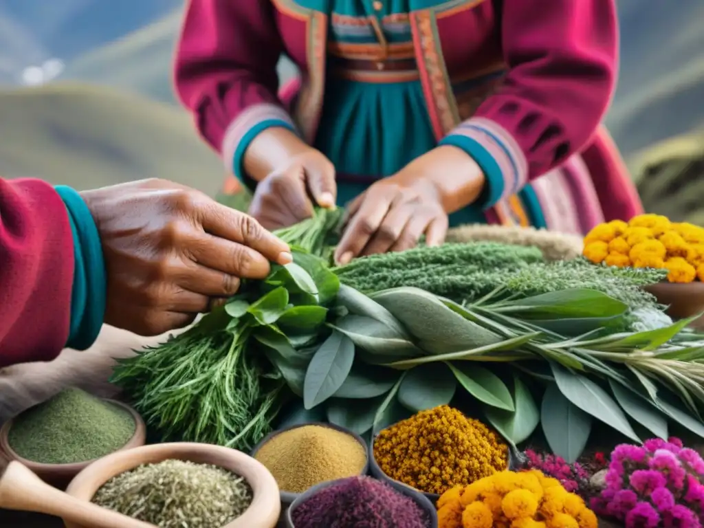 Un artesano peruano seleccionando hierbas andinas para infusiones, con colores vibrantes y texturas