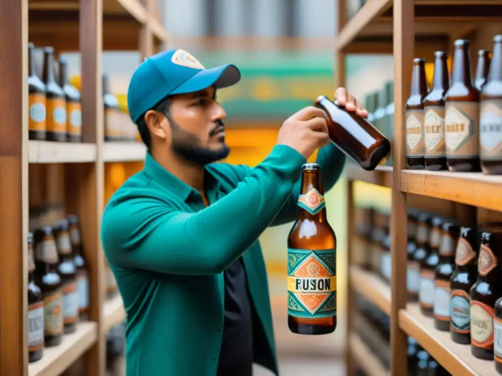 Un artesano peruano innovador etiquetando cerveza artesanal con diseño textil andino, fusionando tradición e innovación