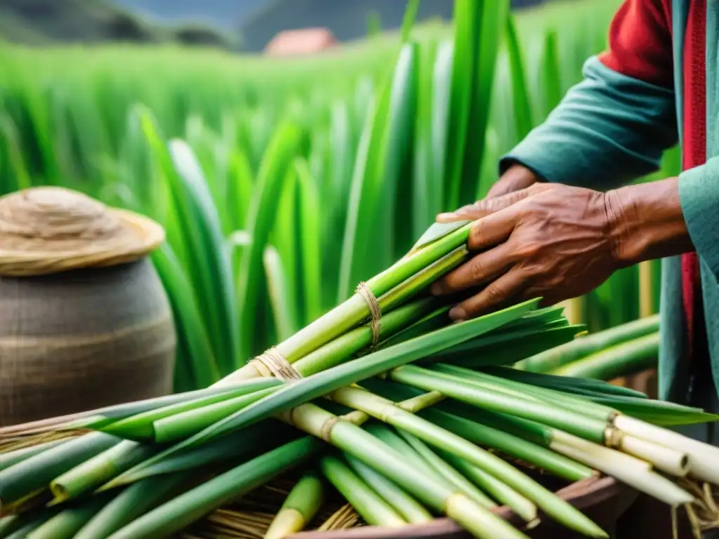 Artesano peruano extrayendo jugo de caña para elaboración del Warapo en Perú