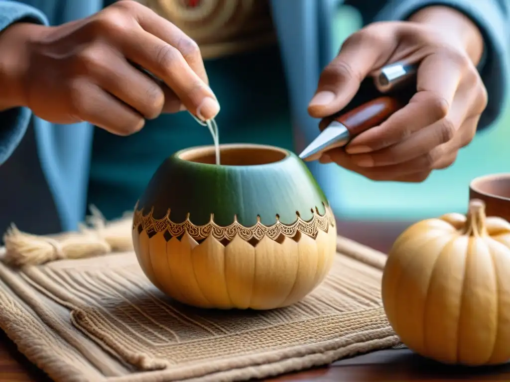 Artesano peruano tallando mate burilado en detallada mesa, destacando técnica y tradición