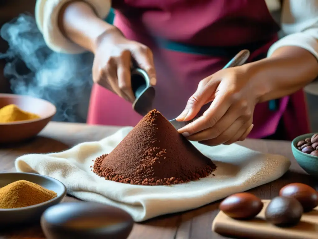 Un artesano peruano usando un molinillo de mano, moliendo cacao para hacer chocolate, resaltando la tradición gastronómica