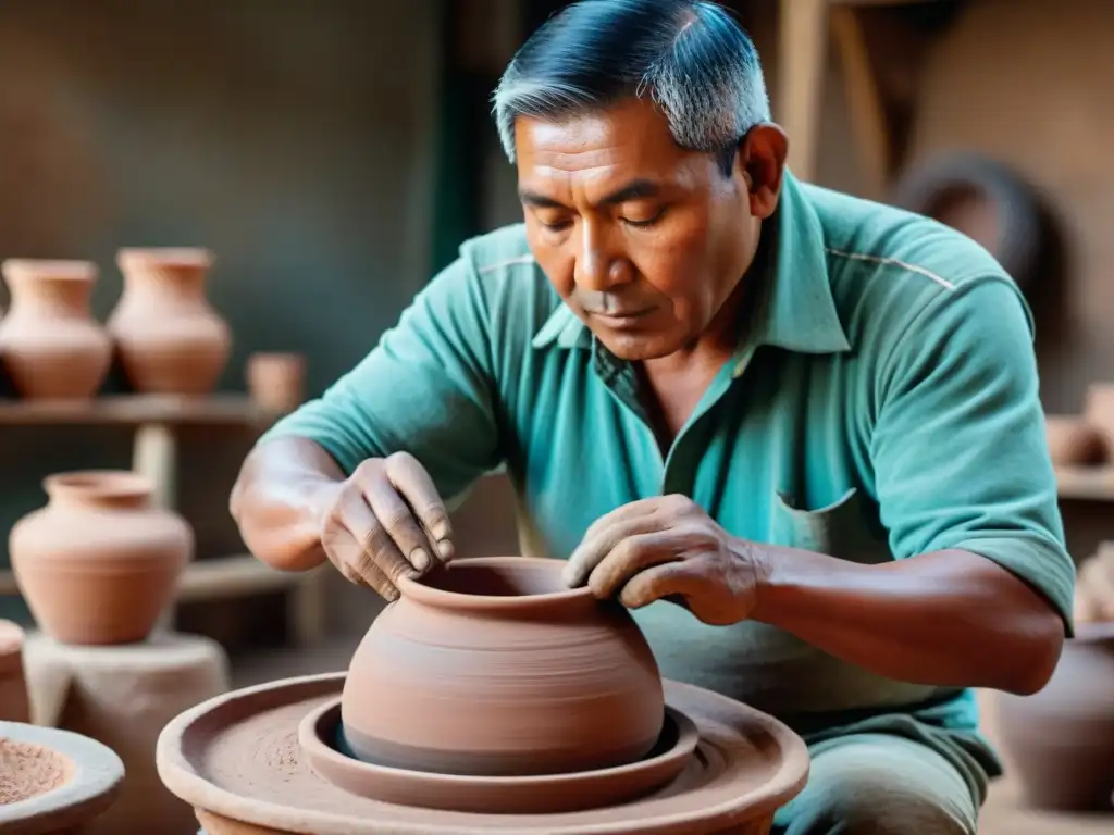 Un artesano peruano moldea una olla de barro en su taller rústico