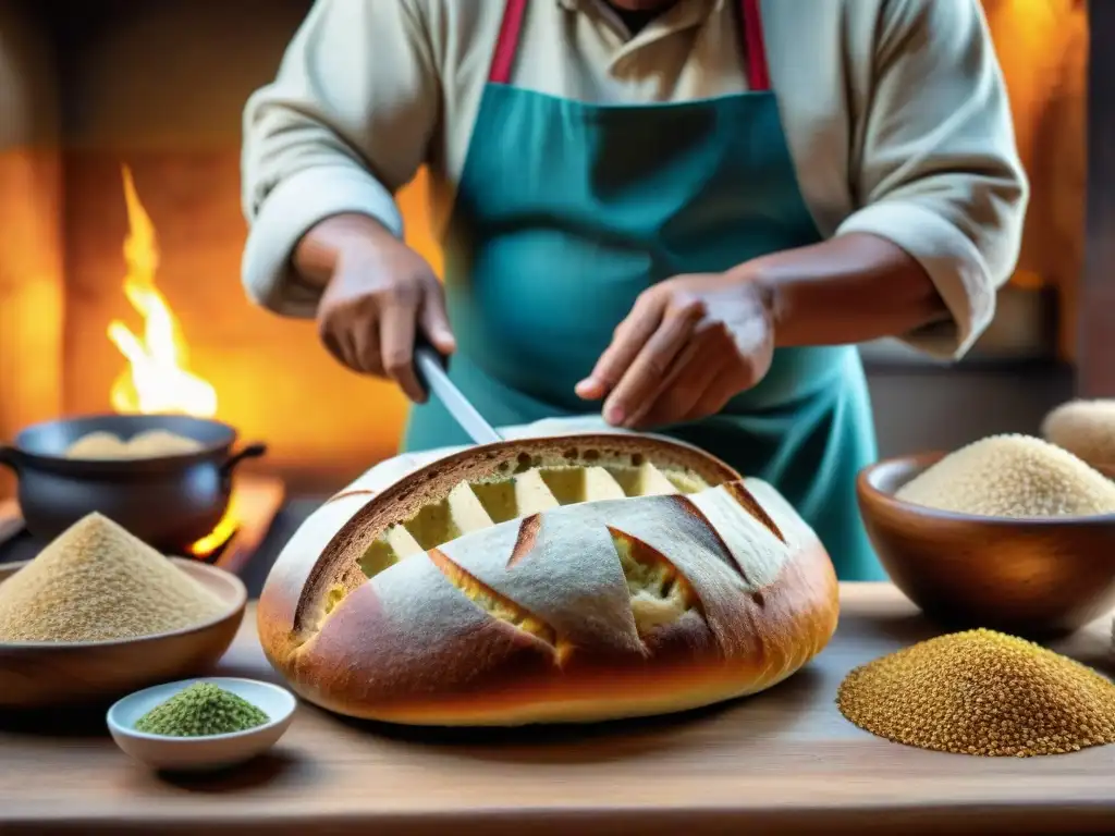 Artesano peruano moldeando pan andino en cocina rústica