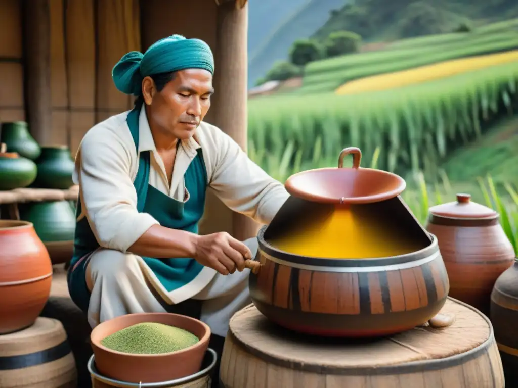 Un artesano peruano en plena fermentación de chicha de jora, rodeado de herramientas ancestrales en los Andes