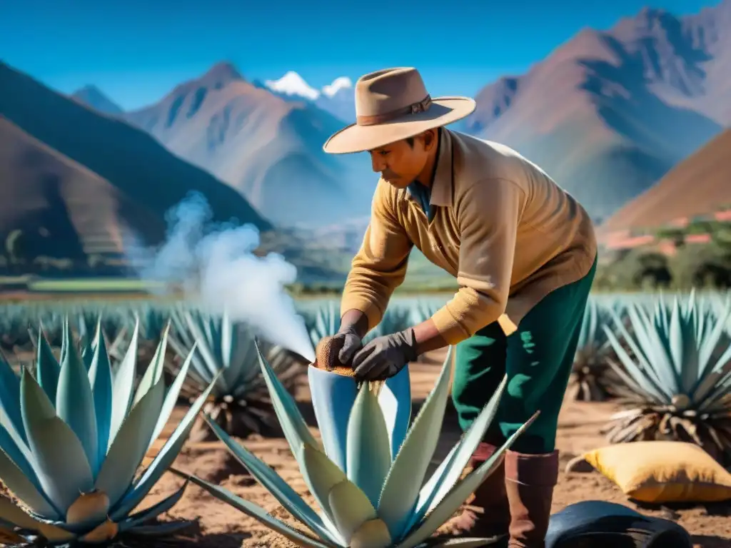 Artesano peruano extrayendo pulque de agave con montañas andinas de fondo, destacando bebidas ancestrales del Perú