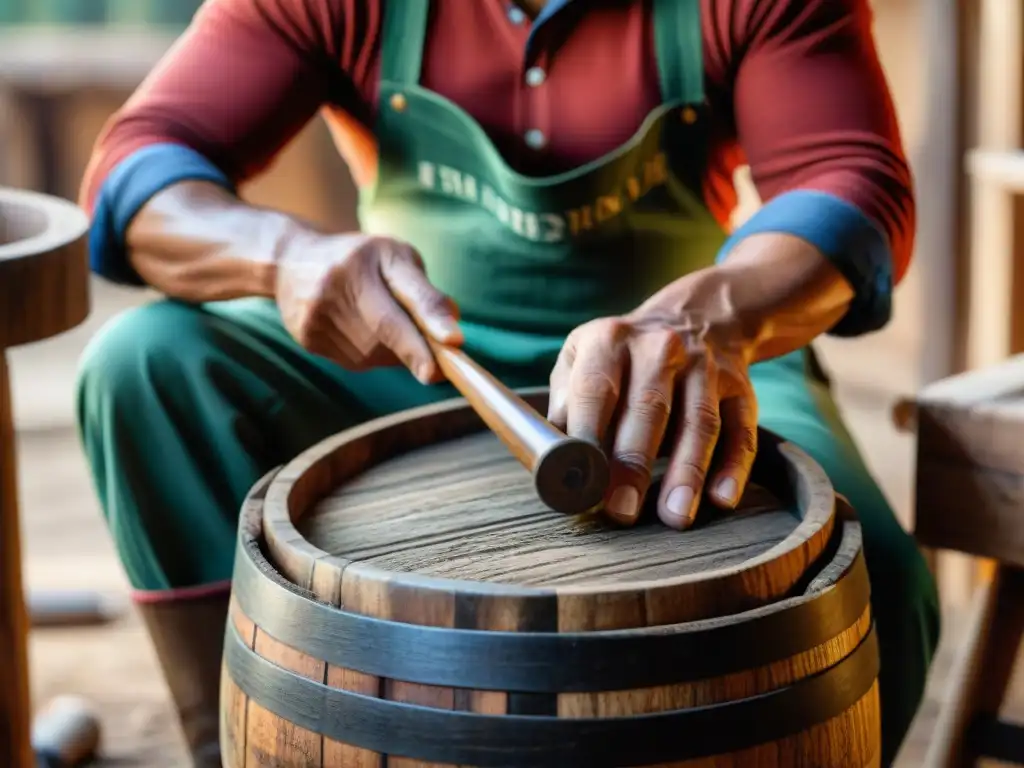 Un artesano peruano talla con dedicación una barrica de madera para ron, mostrando la artesanía de la gastronomía peruana