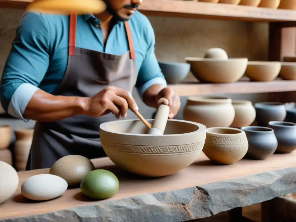 Un artesano peruano talla con destreza un mortero y mano de piedra, reflejando la tradición de utensilios de piedra en cocina peruana