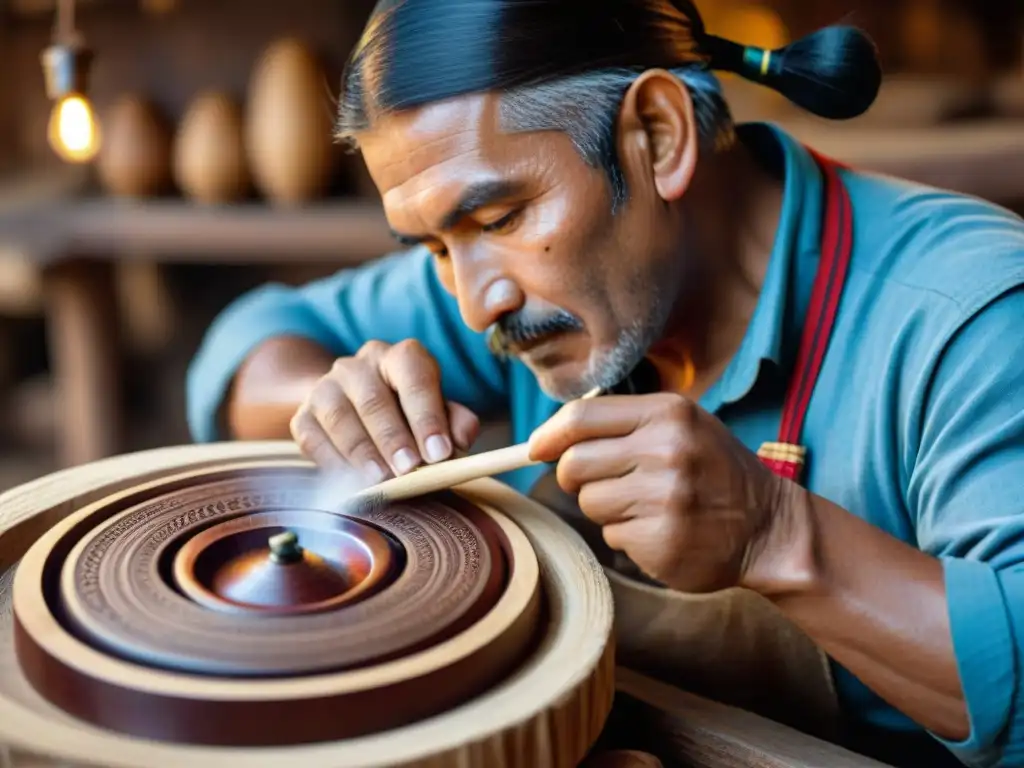 Un artesano peruano talla con destreza un molinillo de mano peruano, destacando la tradición y la gastronomía