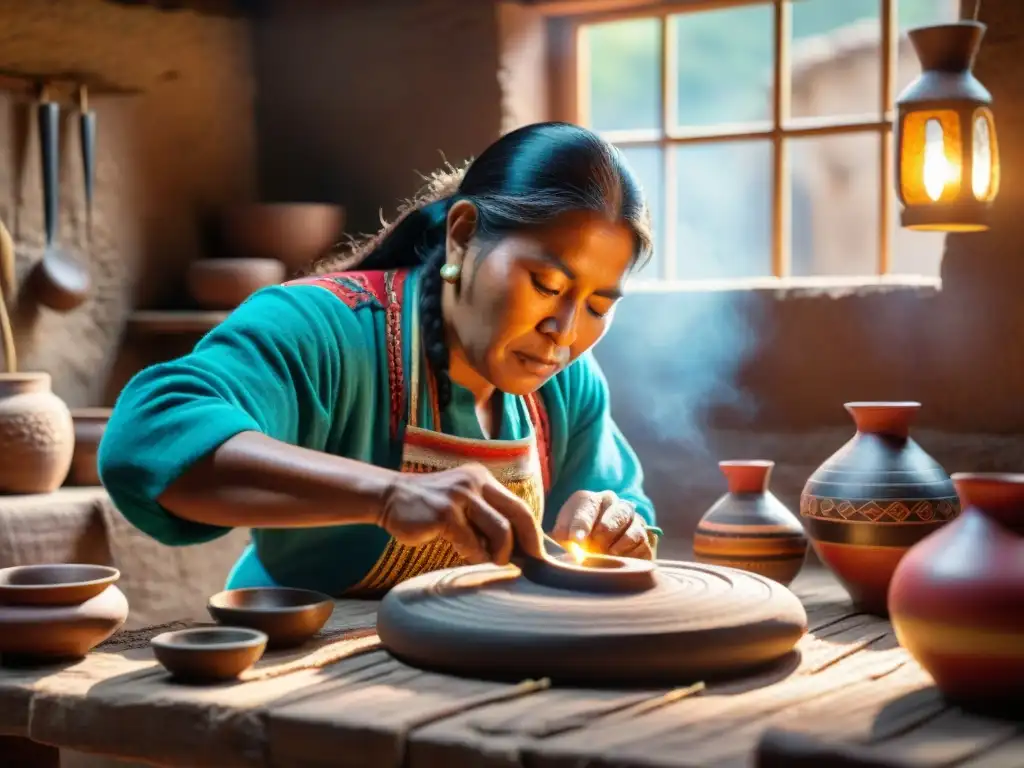 Un artesano peruano talla con destreza un Antara de Cocina, rodeado de textiles andinos y cerámica