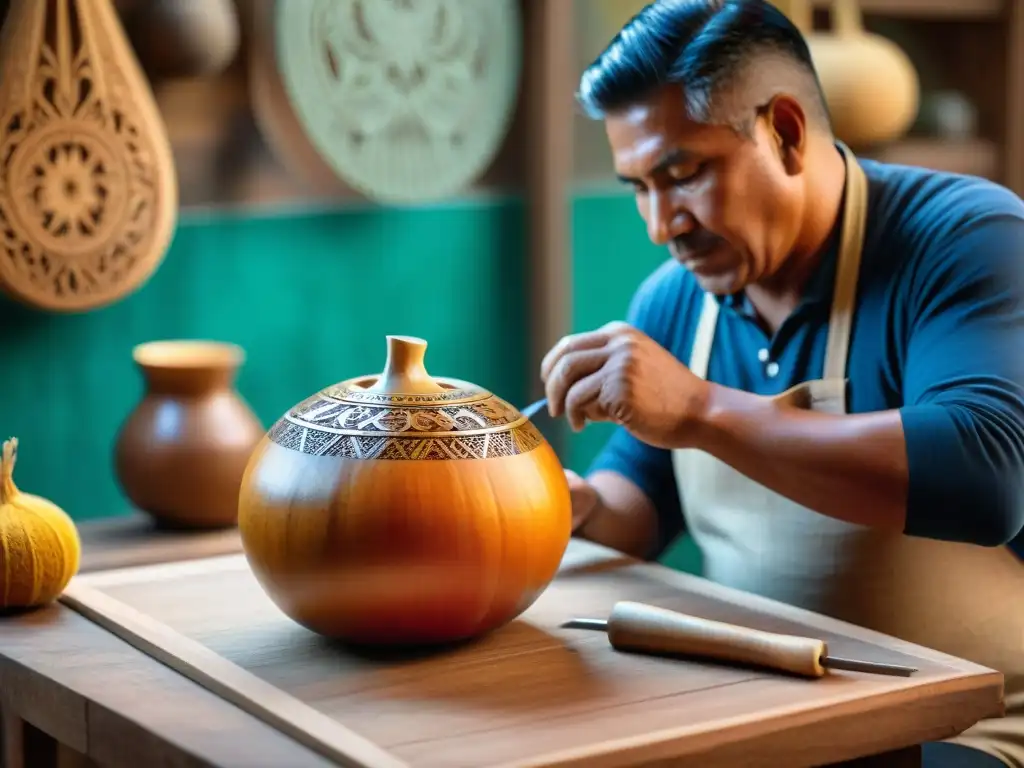 Un artesano peruano talla con precisión diseños en un mate burilado en un taller rústico