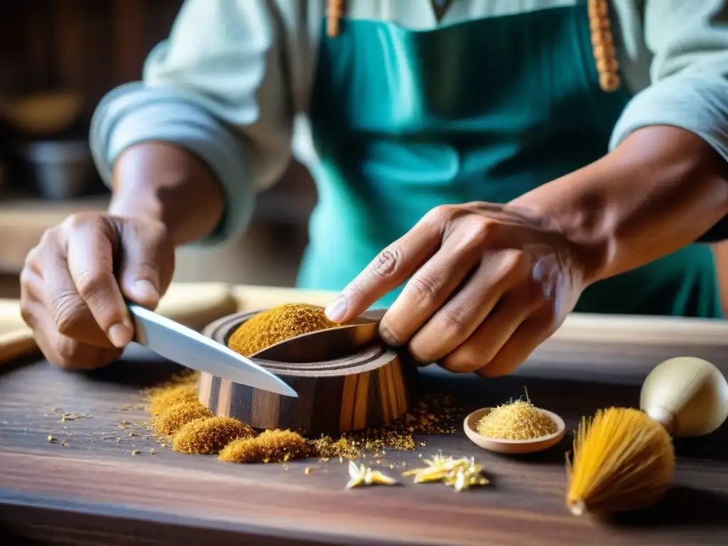 Un artesano peruano talla utensilios de madera sostenibles, mostrando su destreza y la tradición culinaria