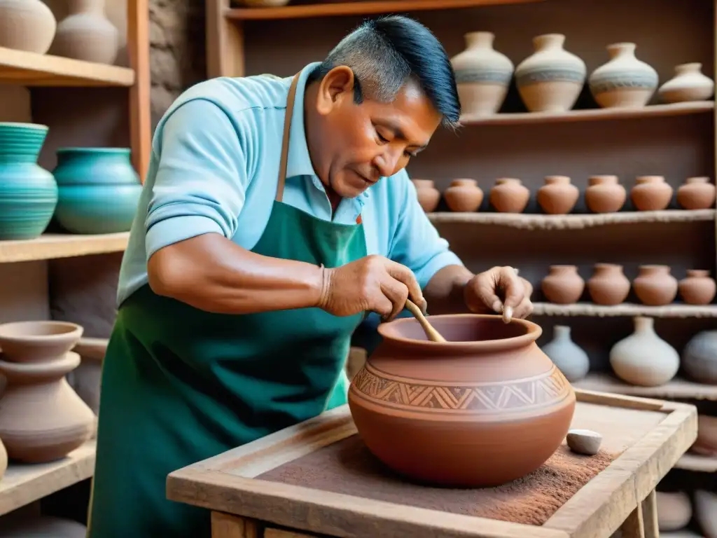 Un artesano peruano moldea utensilios cerámicos gastronomía peruana con colores vibrantes y diseños intrincados