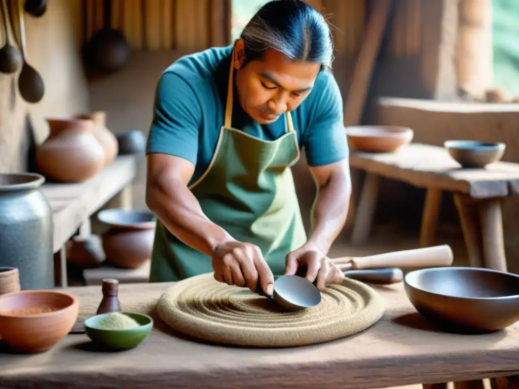 Un artesano peruano crea utensilios de cocina artesanales peruanos con destreza en un taller rústico