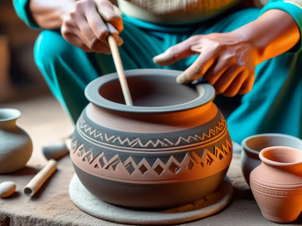 Artesano peruano moldeando utensilios de cocina artesanales peruanos con barro de vibrantes colores