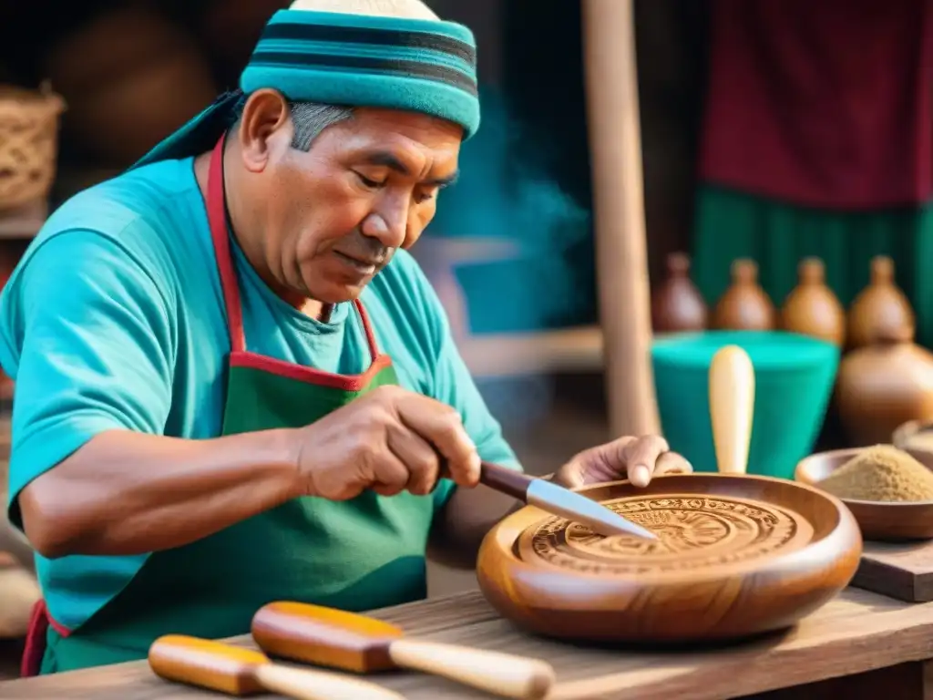 Un artesano peruano tallando utensilios de cocina tradicionales en madera en un mercado vibrante