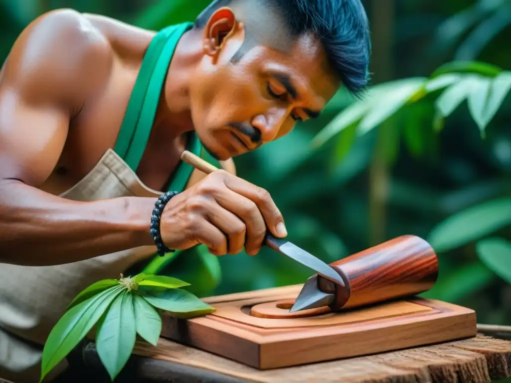 Un artesano peruano tallando utensilios de madera sostenibles en la selva amazónica