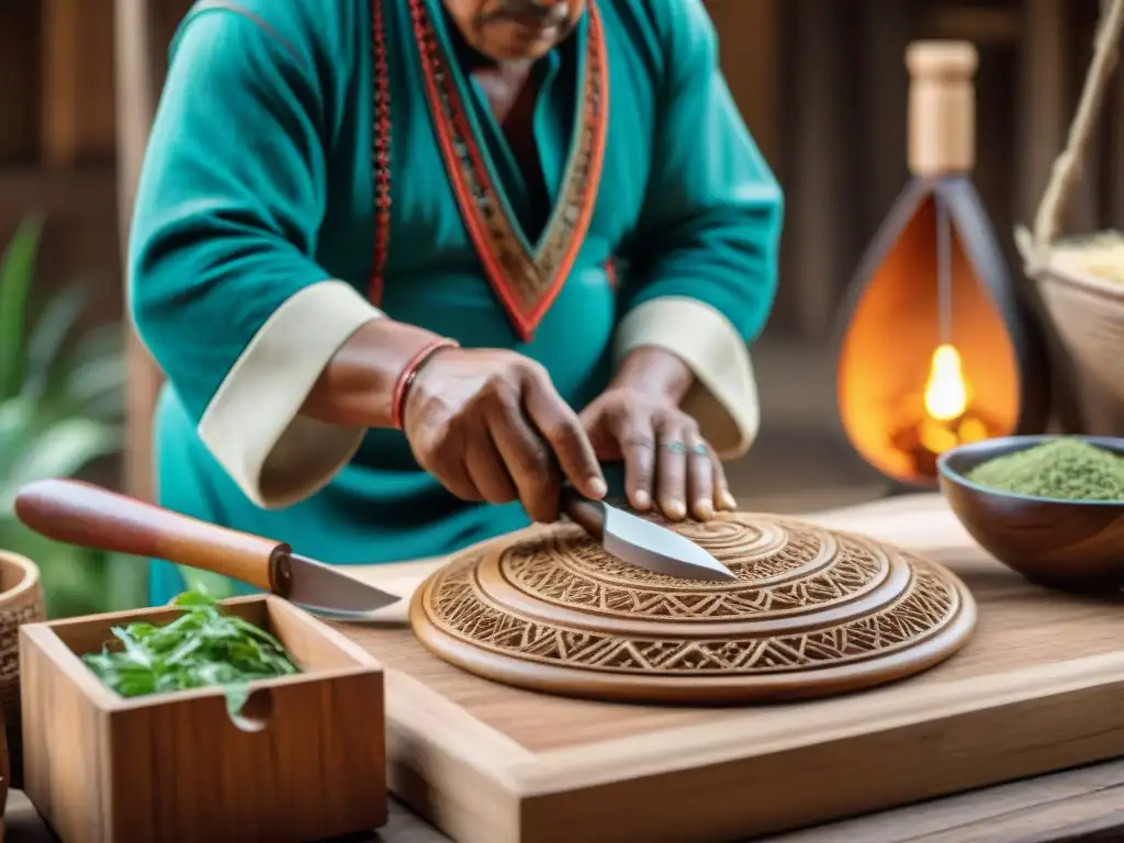 Un artesano peruano tallando utensilios de madera sostenibles, reflejando la tradición y la sostenibilidad en Perú