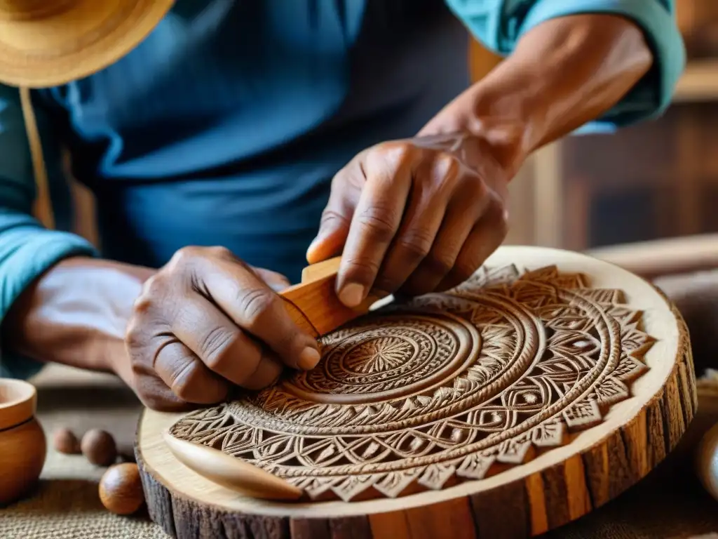 Un artesano peruano tallando utensilios de madera sostenibles con maestría, destacando la tradición y la artesanía moderna