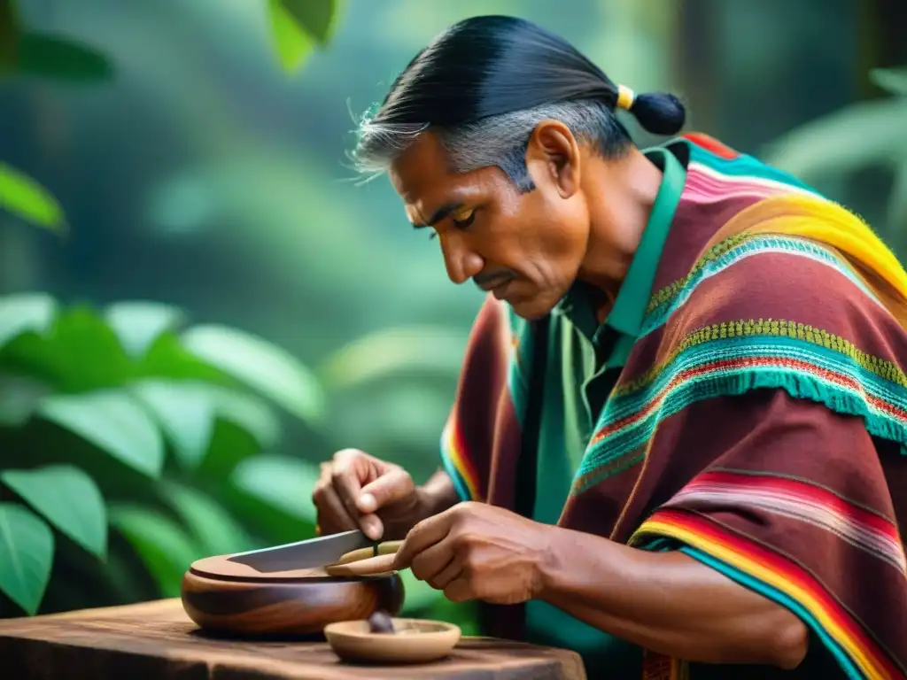 Artesano peruano tallando utensilios de madera sostenibles en la selva exuberante