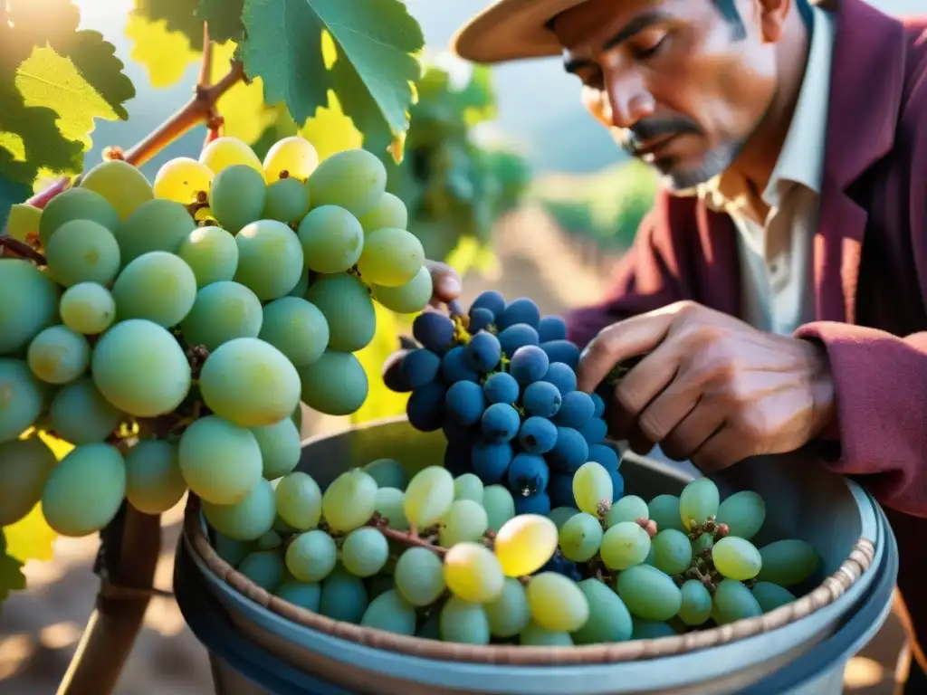 Un artesano peruano seleccionando uvas para técnicas de maceración perfecta pisco bajo el sol, mostrando dedicación y expertise