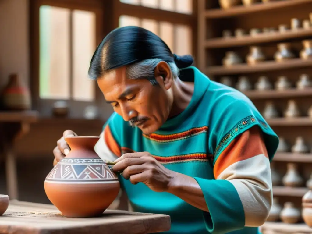 Un artesano peruano crea vasos tradicionales en la gastronomía peruana con dedicación y destreza, en un taller iluminado por el sol