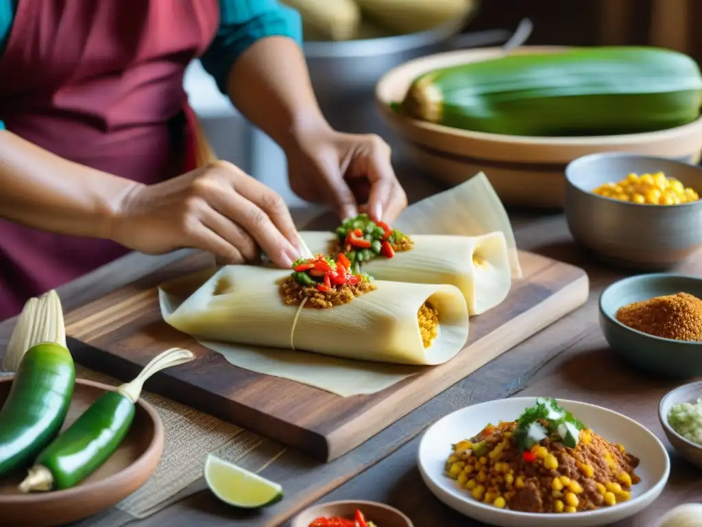 Un artesano preparando tamales costeños Perú con destreza y amor en una cocina rústica