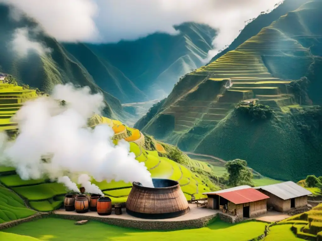 Artesanos elaborando cañazo tradicional en Perú, entre montañas verdes y textiles vibrantes