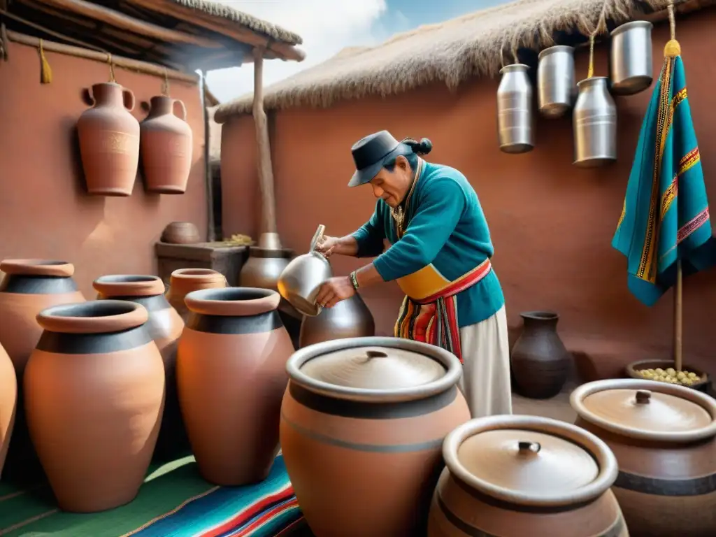 Artesanos peruanos preparando Cerveza de Jora en ollas de barro, rodeados de textiles andinos y herramientas incas