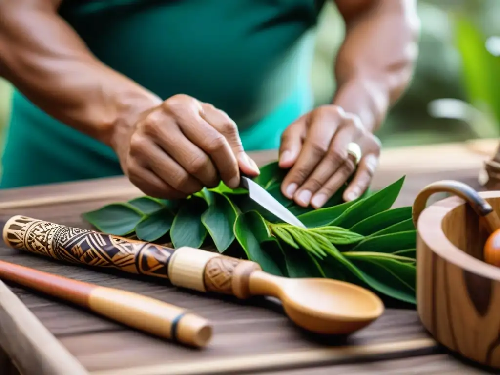 Artesanos peruanos tallando diseños en utensilios de madera sostenibles, destacando la tradición y la artesanía peruana