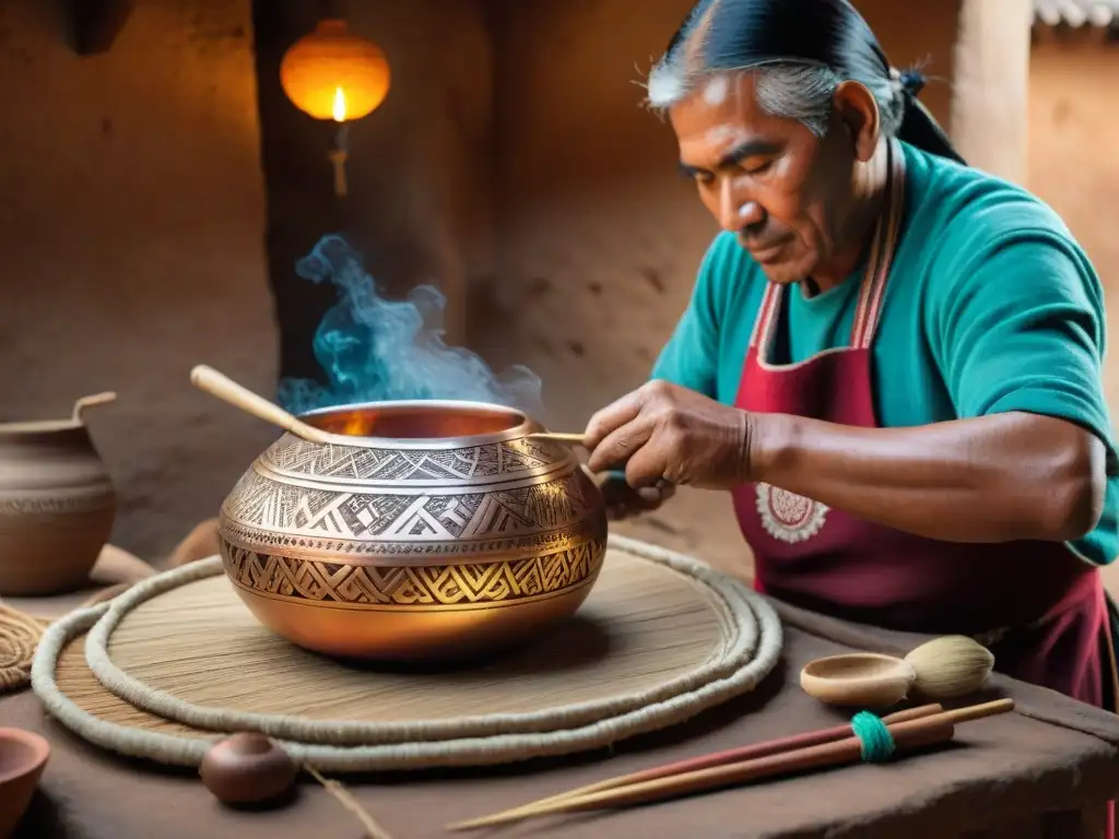 Artesanos peruanos creando pailas de cobre, con textiles andinos y herramientas en un taller iluminado por el fuego