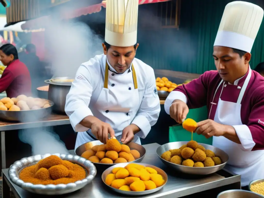 Artesanos peruanos preparando picarones en mercado callejero